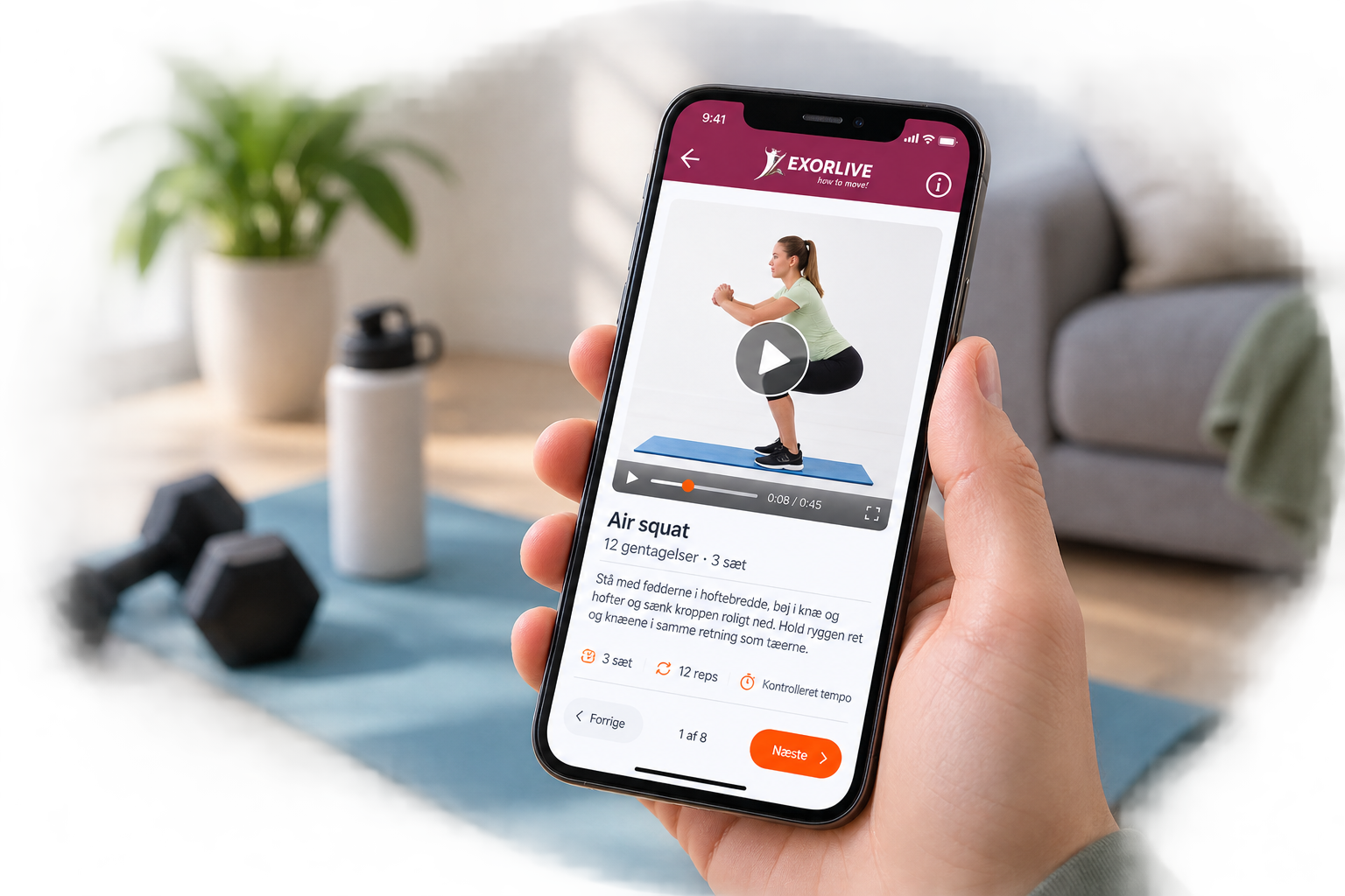 Mobil med digital træningsvejledning og Air squat-øvelse